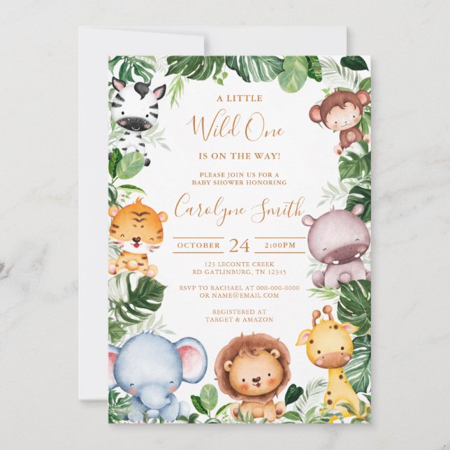 Safari Animal Tropical Greenery Baby Shower Invitation (Front)