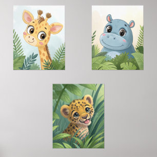 Safari Animal Watercolor Nursery Wall Art Set of 3