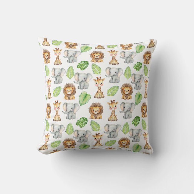 Safari Animal Watercolor Pattern Throw Pillow (Front)