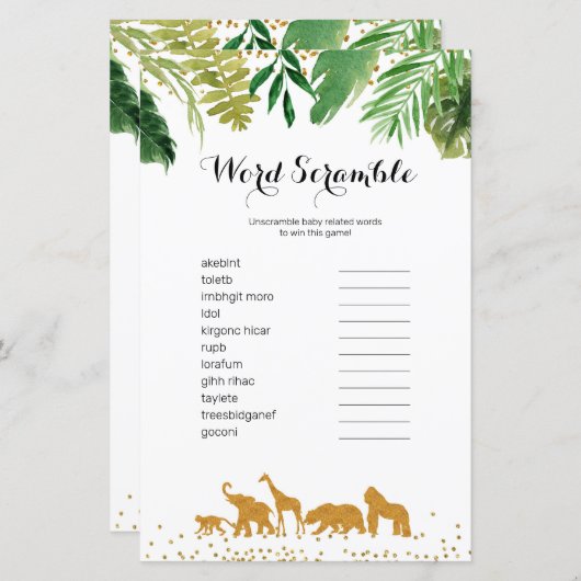 Safari animal Watercolor Word Scramble Game, (Front/Back)