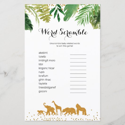 Safari animal Watercolor Word Scramble Game, (Front)