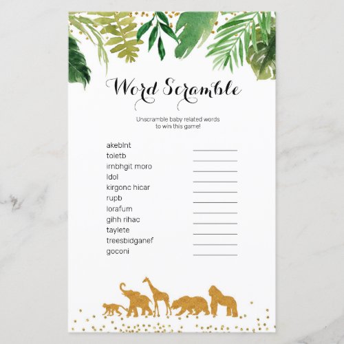 Safari animal Watercolor Word Scramble Game