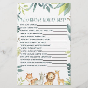 Safari Animal Who Knows Mommy Baby Shower Game Stationery
