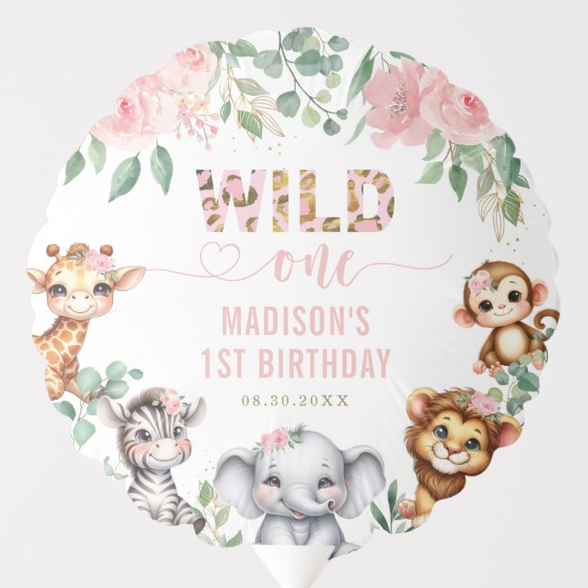 Safari Animal Wild One Blush Floral 1st Birthday Balloon (Front)