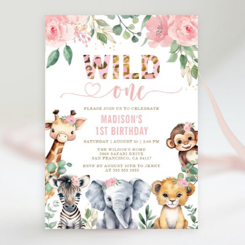 Safari Animal Wild One Blush Floral 1st Birthday Invitation