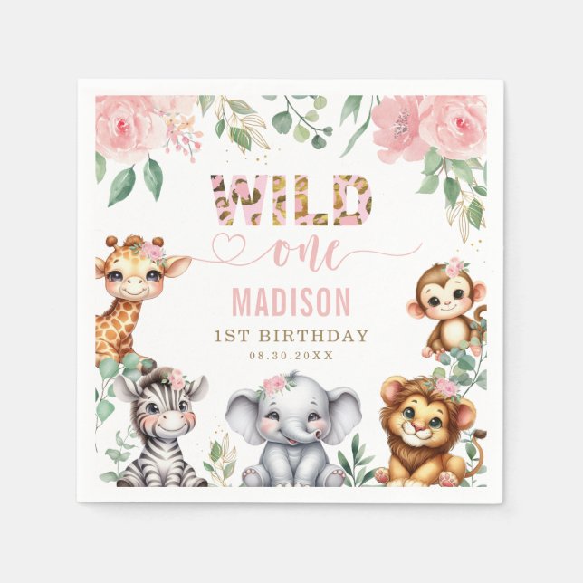 Safari Animal Wild One Blush Pink Floral Birthday Napkins (Front)
