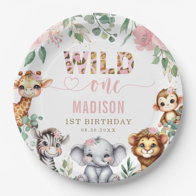 Safari Animal Wild One Blush Pink Floral Birthday Paper Plates (Front)