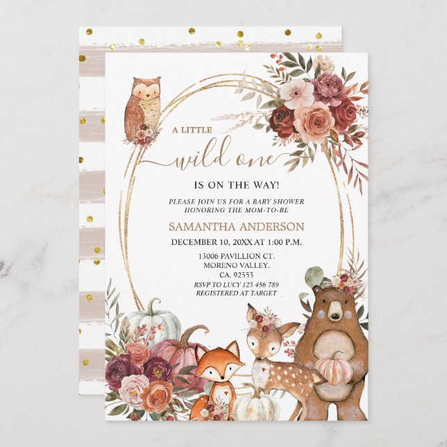 Safari Animal Wild One Fall Pumpkin Baby Shower Invitation (Front/Back)