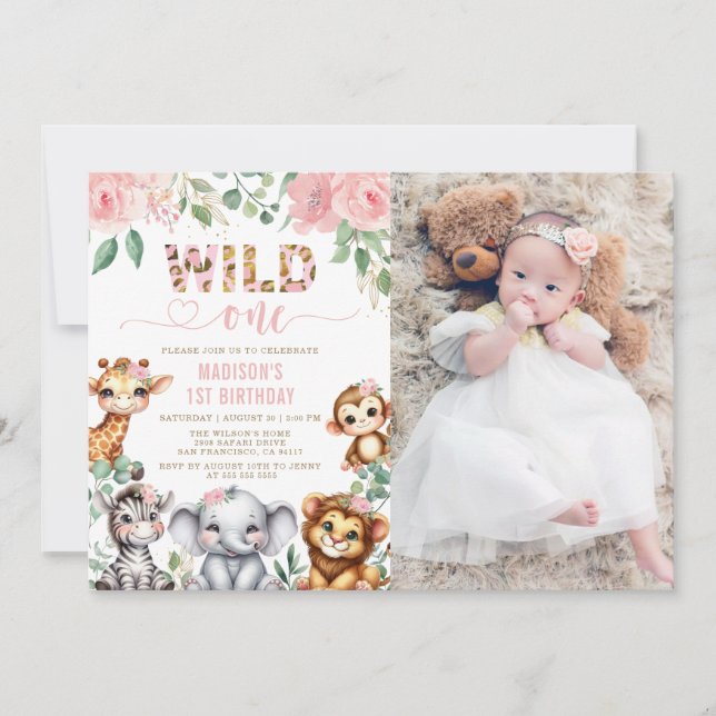 Safari Animal Wild One Floral 1st Birthday Photo Invitation (Front)