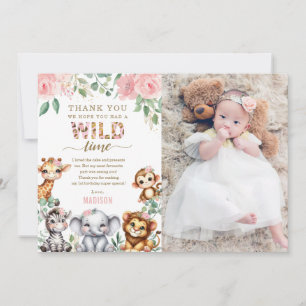 Safari Animal Wild One Floral 1st Birthday Photo Thank You Card