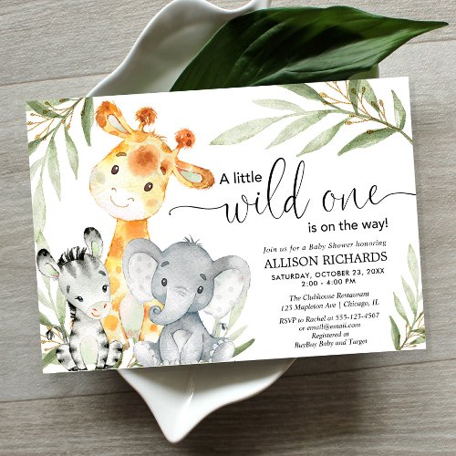 Safari animal wild one gender neutral baby shower invitation