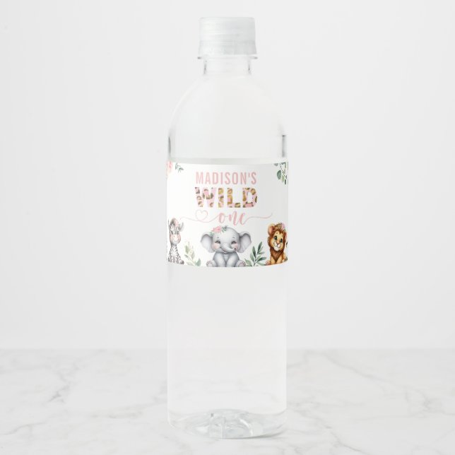 Safari Animal Wild One Pink Floral 1st Birthday Water Bottle Label (Front)