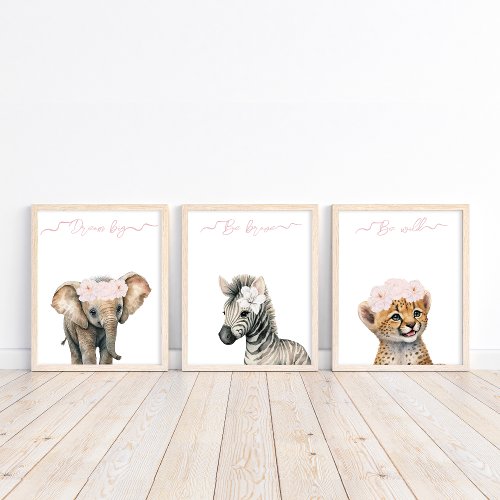 Safari Animal With Flower Baby Girl Shower Gift Wall Art Sets