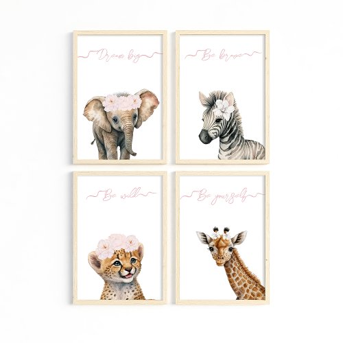 Safari Animal With Flower Baby Girl Shower Gift Wall Art Sets