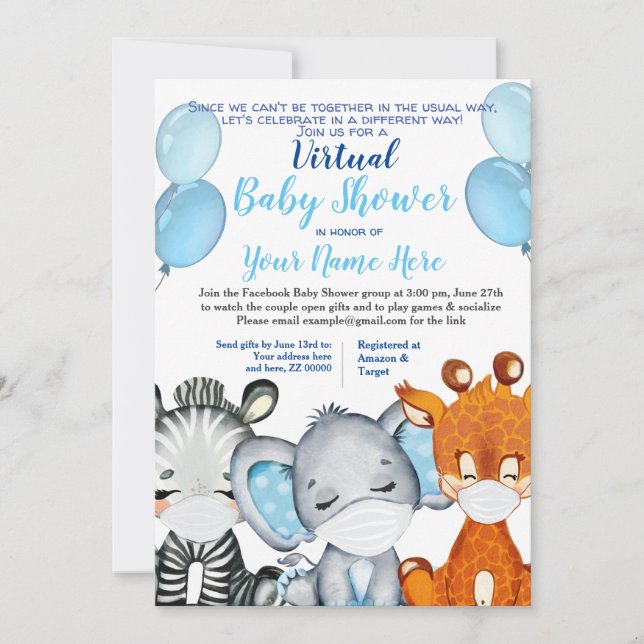 Safari Animal with Masks Virtual Shower Baby Boy I Invitation (Front)
