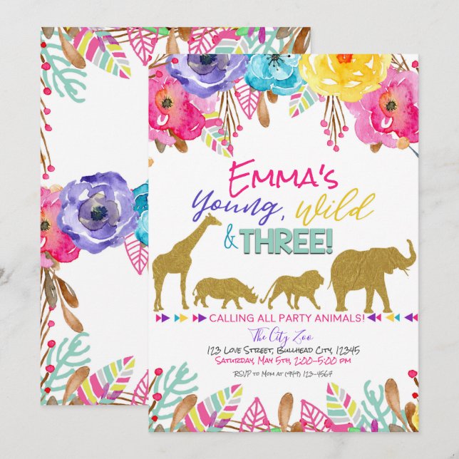 Safari Animal Young Wild & Three Girls Birthday Invitation (Front/Back)