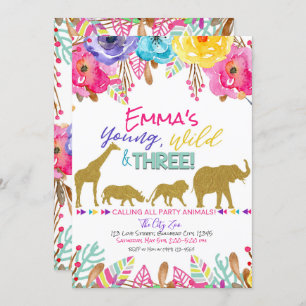 Safari Animal Young Wild & Three Girls Birthday Invitation