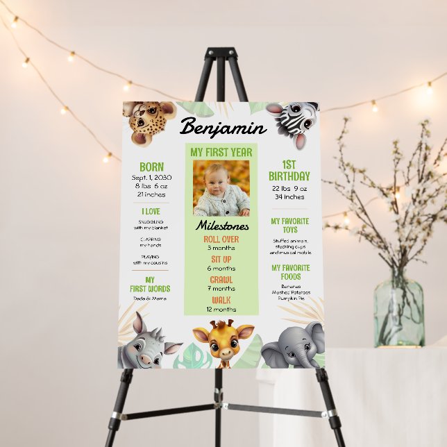 Safari Animals 1st Birthday Milestones Photo Foam Board (In Situ (Stand))