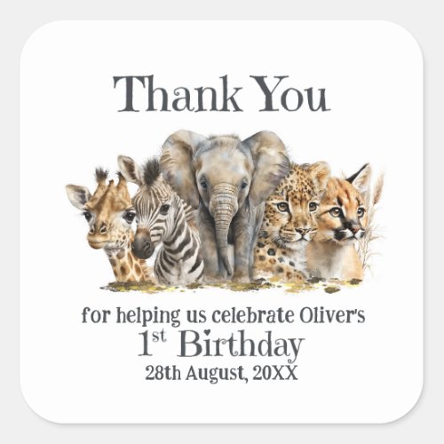 Safari Animals 1st Birthday Thank You Square Sticker