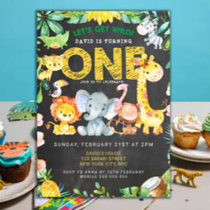 Safari Animals 1st Boy Birthday Chalkboard Jungle Invitation