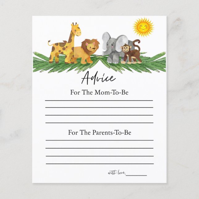 Safari Animals Advice for Baby Shower Game (Front)