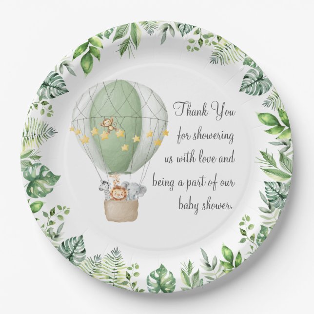 Safari animals Air balloon baby shower Thank You Paper Plates (Front)