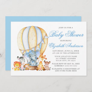 Safari Animals Air Balloon Blue Bow Baby Shower Invitation