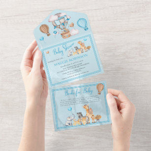 Safari Animals and Balloons Blue Boy Baby Shower I All In One Invitation