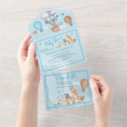 Safari Animals and Balloons Blue Boy Baby Shower I All In One Invitation