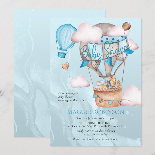 Safari Animals and Balloons Blue Boy Baby Shower Invitation (Front/Back)