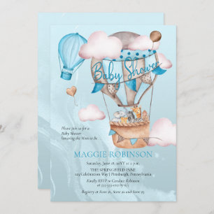 Safari Animals and Balloons Blue Boy Baby Shower Invitation