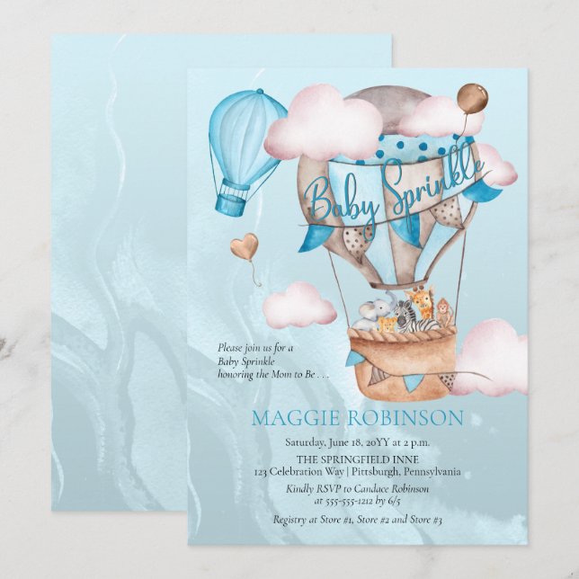 Safari Animals and Balloons Blue Boy Baby Sprinkle Invitation (Front/Back)