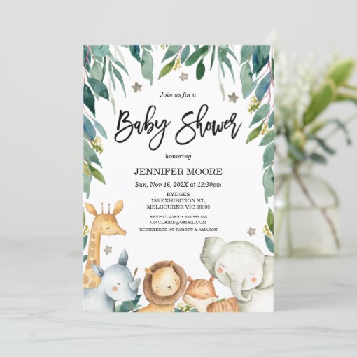 Safari Animals And Foliage Baby Shower Invitation 