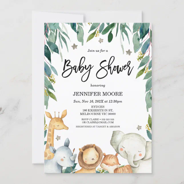 Safari Animals And Foliage Baby Shower Invitation | Zazzle