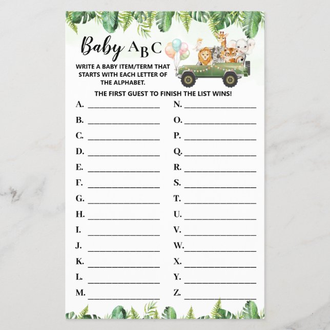 Safari Animals Baby ABC Baby Shower Game Card Flyer (Front)
