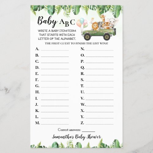 Safari Animals Baby ABC Baby Shower Game Card Flyer