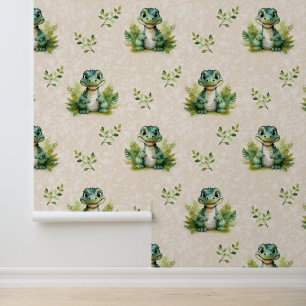 Safari Animals Baby Alligator Greenery on Cream Wallpaper