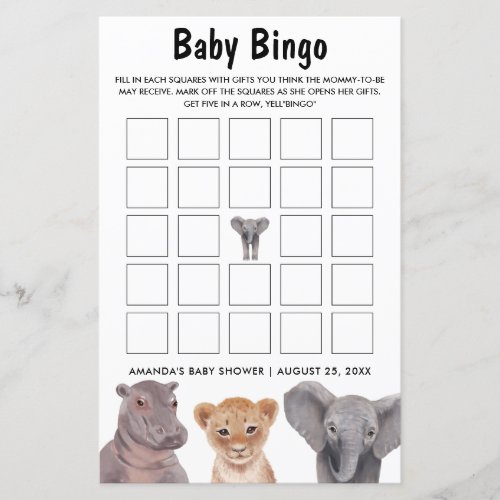 Safari Animals Baby Bingo Baby Shower Games