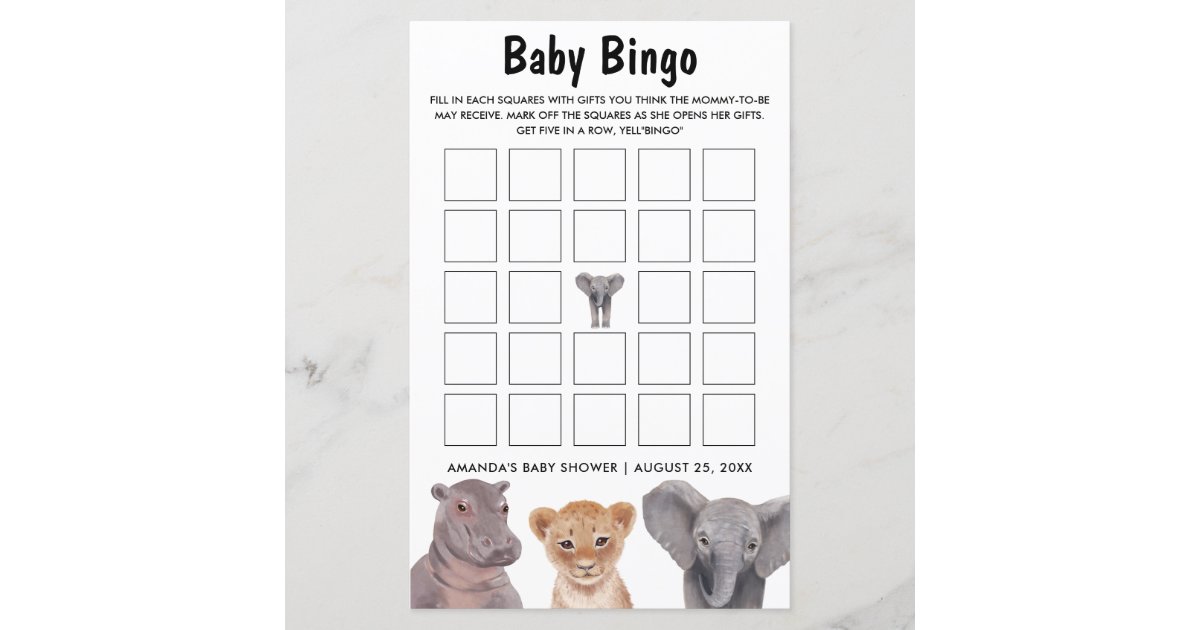 Safari Animals Baby Bingo Baby Shower Games Zazzle