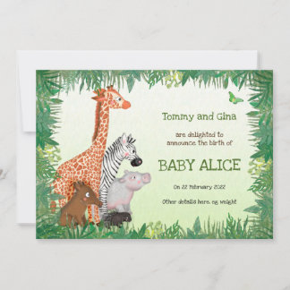 Safari animals baby birth announcement card