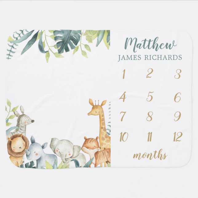 Safari animals baby boy milestone blanket (Horizontal)