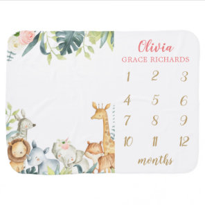 Safari animals baby girl milestone blanket