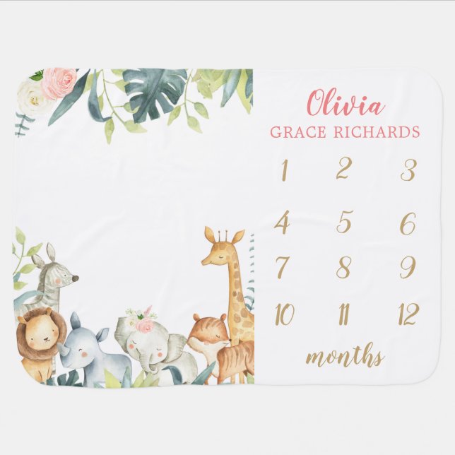 Safari animals baby girl milestone blanket (Horizontal)