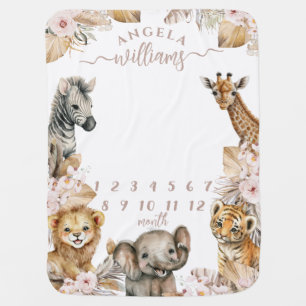 Safari animals Baby Girl monthly milestone Blanket