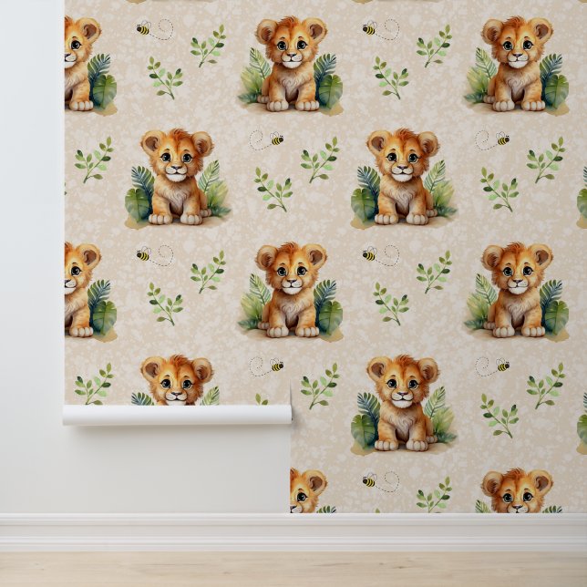 Safari Animals Baby Lion Cub Greenery on Cream Wallpaper (Application)