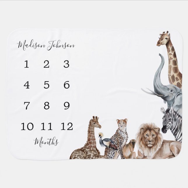 Safari Animals Baby Milestone Monthly Baby Blanket (Horizontal)