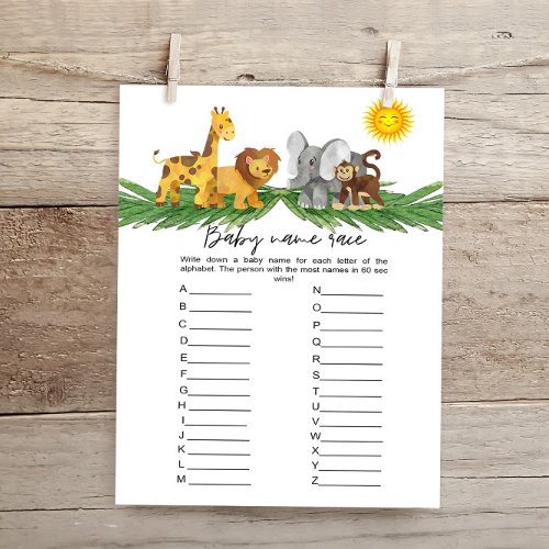 Safari Animals Baby Names Baby Shower Game