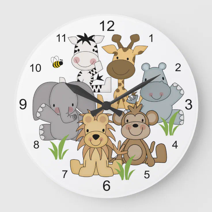Safari Animals Baby Nursery Kids Jungle Room Large Clock | Zazzle