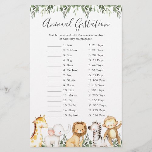 Safari Animals Baby Shower Animal Gestation Game