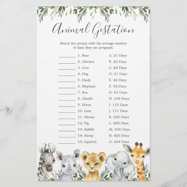 Safari Animals Baby Shower Animal Gestation Game | Zazzle